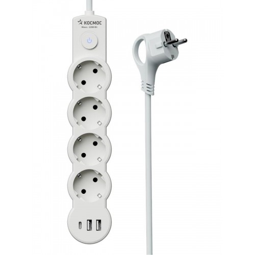Удлинитель 3х3м с заземл. 10А IP20 USB 2500Вт 220В ПВС 3х1 с выкл. бел. КОСМОС YKsm3m4g-Z-VU10А-W