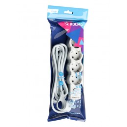 Удлинитель 3х1.5м с заземл. 10А IP20 USB 2500Вт 220В ПВС 3х1 с выкл. бел. КОСМОС YKsm1.5m4g-Z-VU10А-W