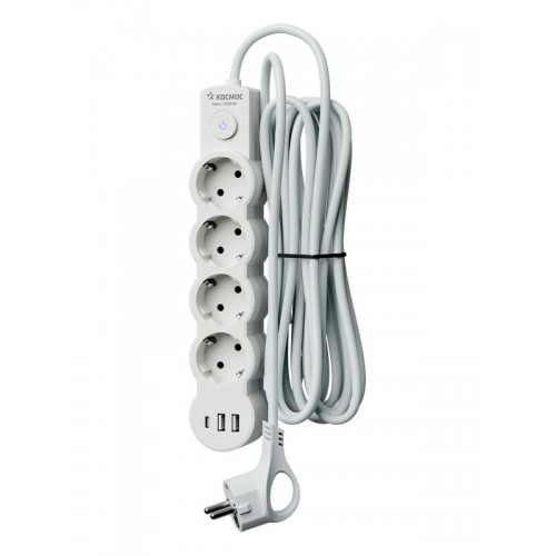 Удлинитель 3х1.5м с заземл. 10А IP20 USB 2500Вт 220В ПВС 3х1 с выкл. бел. КОСМОС YKsm1.5m4g-Z-VU10А-W
