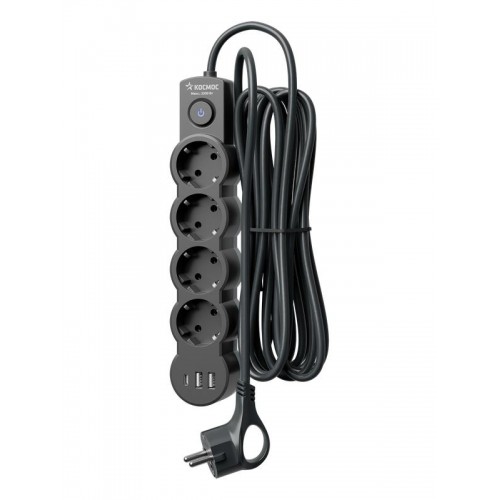 Удлинитель 3х5м с заземл. 10А IP20 USB 2500Вт 220В ПВС 3х1 с выкл. черн. КОСМОС YKsm5m4g-Z-VU10А-B