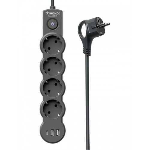 Удлинитель 3х5м с заземл. 10А IP20 USB 2500Вт 220В ПВС 3х1 с выкл. черн. КОСМОС YKsm5m4g-Z-VU10А-B