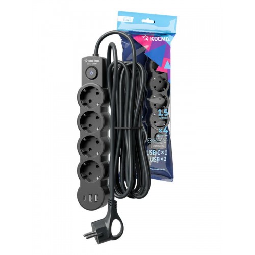 Удлинитель 3х1.5м с заземл. 10А IP20 USB 2500Вт 220В ПВС 3х1 с выкл. черн. КОСМОС YKsm1.5m4g-Z-VU10А-B