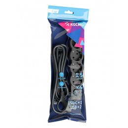Удлинитель 3х1.5м с заземл. 10А IP20 USB 2500Вт 220В ПВС 3х1 с выкл. черн. КОСМОС YKsm1.5m4g-Z-VU10А-B