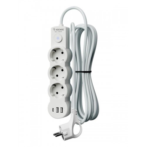 Удлинитель 3х3м с заземл. 10А IP20 USB 2800Вт 220В ПВС 3х1 с выкл. бел. КОСМОС YKsm3m3g-Z-VU10А-W