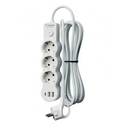 Удлинитель 3х1.5м с заземл. 10А IP20 USB 2800Вт 220В ПВС 3х1 с выкл. бел. КОСМОС YKsm1.5m3g-Z-VU10А-W