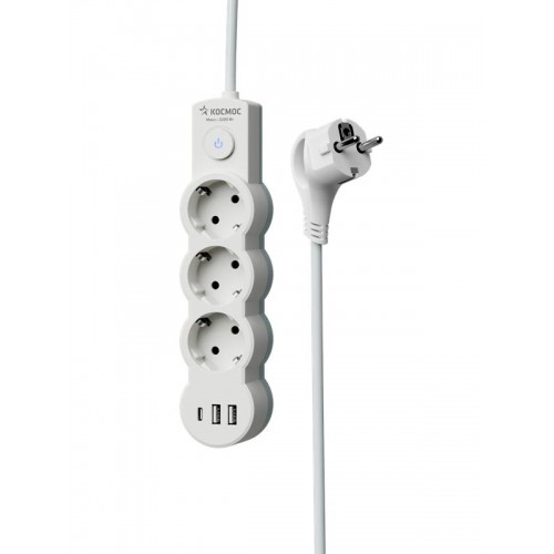 Удлинитель 3х1.5м с заземл. 10А IP20 USB 2800Вт 220В ПВС 3х1 с выкл. бел. КОСМОС YKsm1.5m3g-Z-VU10А-W