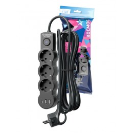 Удлинитель 3х5м с заземл. 10А IP20 USB 2800Вт 220В ПВС 3х1 с выкл. черн. КОСМОС YKsm5m3g-Z-VU10А-B