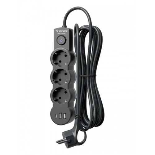 Удлинитель 3х5м с заземл. 10А IP20 USB 2800Вт 220В ПВС 3х1 с выкл. черн. КОСМОС YKsm5m3g-Z-VU10А-B