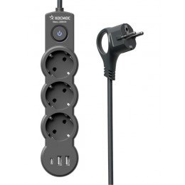 Удлинитель 3х3м с заземл. 10А IP20 USB 2800Вт 220В ПВС 3х1 с выкл. черн. КОСМОС YKsm3m3g-Z-VU10А-B