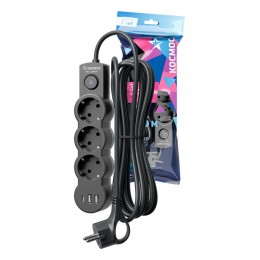 Удлинитель 3х1.5м с заземл. 10А IP20 USB 2800Вт 220В ПВС 3х1 с выкл. черн. КОСМОС YKsm1.5m3g-Z-VU10А-B