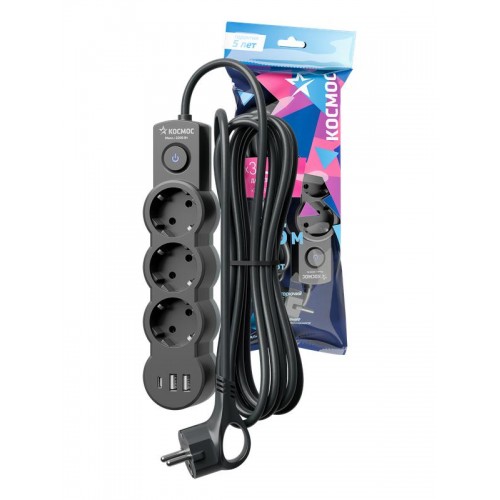 Удлинитель 3х1.5м с заземл. 10А IP20 USB 2800Вт 220В ПВС 3х1 с выкл. черн. КОСМОС YKsm1.5m3g-Z-VU10А-B