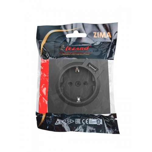 Розетка 1-мест. с/з+USB разъем СП ZIMA IP20 черн. бархат LEZARD 704-4288-181