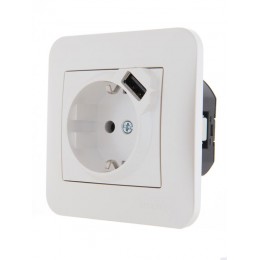 Розетка 1-м СП Karina 16А с заземл. с заряд. устройством USB механизм жемчуж./бел. перламутр. LEZARD 707-3088-181