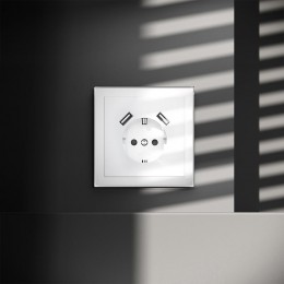 Розетка 1-м СП S70 16А с USB A+A с заземл. защ. шторки механизм бел. глянцевый Voltum VLS040401