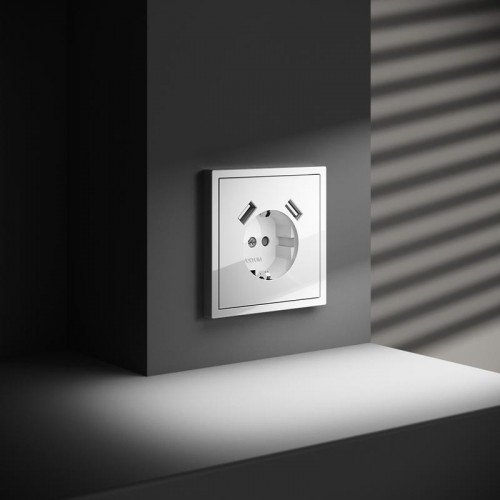 Розетка 1-м СП S70 16А с USB A+A с заземл. защ. шторки механизм бел. глянцевый Voltum VLS040401