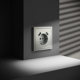 Розетка 1-м СП S70 16А с USB A+A с заземл. защ. шторки механизм сталь Voltum VLS040405