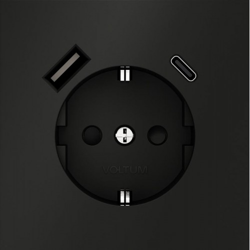 Розетка 1-м СП S70 16А с USB A+С с заземл. защ. шторки механизм черн. матов. Voltum VLS040508