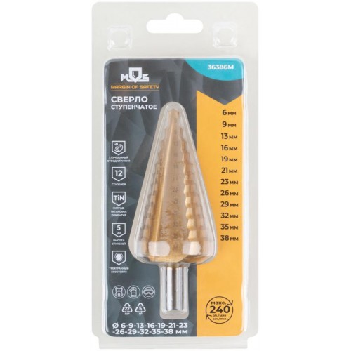 Сверло ступенчатое HSS по металлу 12 ступеней 6-9-13-16-19-21-23-26-29-32-35-38мм MOS 36386М