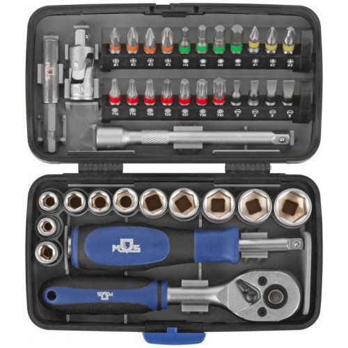 Мини-набор инструмента (биты; головки; вороток; удлинитель) 38шт пластиковый кейс MOS 65000М