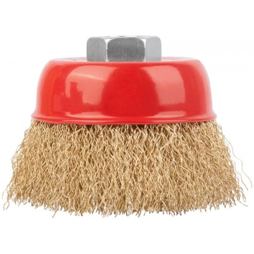 Корщетка чашечная гайка М14 стальная латунированная волнистая проволока 75мм КУРС 39037