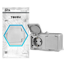 Розетка 2-м ОП Dita 16А IP54 250В с заземл. с крышкой сер. TOKOV LIGHT TKL-DT-R2Z-C06-IP54