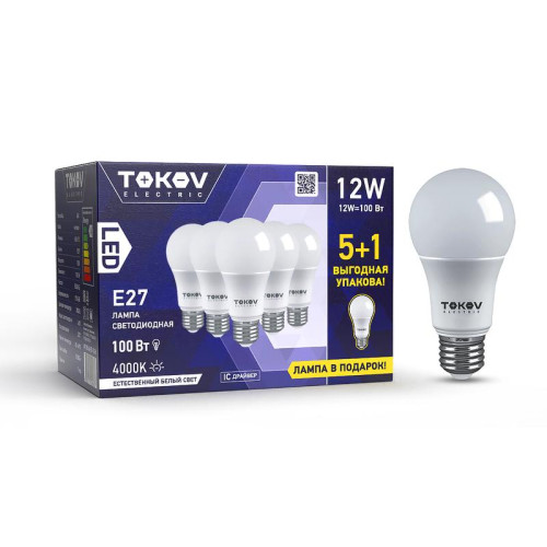 Лампа светодиодная 12Вт А60 4000К Е27 176-264В Promo 5+1 TOKOV ELECTRIC Promo-A60-E27-12-4K