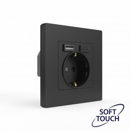 Розетка 1-м СП Pixel IP20 с заземл. с 2-мя заряд. устр. USB тип A+C механизм карбон TOKOV ELECTRIC TKE-PX-R1U2AC-C14