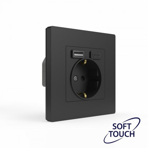 Розетка 1-м СП Pixel IP20 с заземл. с 2-мя заряд. устр. USB тип A+C механизм карбон TOKOV ELECTRIC TKE-PX-R1U2AC-C14