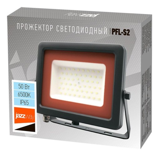 Прожектор светодиодный PFL-S2 50Вт 6500К IP65 220–240В ДО с клапаном закален. матов. стекло сер. JazzWay 2853301D