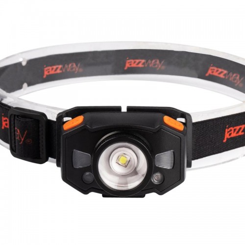 Фонарь аккумуляторный налобный AccuH1-L5WZ-og zoom LED 5Вт + 2хRED SMD IP54 5 режимов: 100проц. 180лм 3.5ч/50проц. 110лм 5.5ч/30проц. 65лм 15ч/красн. 28ч/мигающ. красн. 12ч аккум. 0.8А.ч управл. жестами черн./оранж. JazzWay 5036611