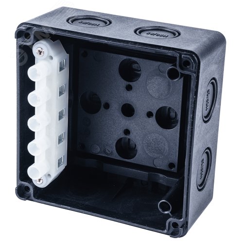 Коробка распределительная 110*110*67 мм IP 65, черная, в комплекте с клеммным рядом 5х6 кв.мм, 41А