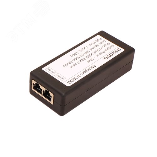 Инжектор PoE 1хRJ45 10/100/1000 Мб/с, 802.3af/at, до 30 Вт, AC 220В, DC 52В