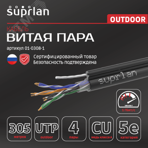 Витая пара U/UTP кат 5e 4x2x0.51 Premium Cu PE OUT T-FG8 трос 305м