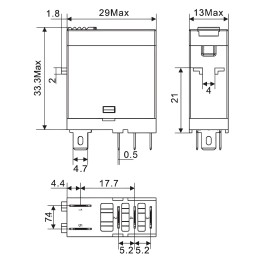 Реле миниатюрное промышленное, 1CO, коммутируемый ток 12 А, AgSnO, напряжение 230V AC, опция – тест-кнопка+светодиод