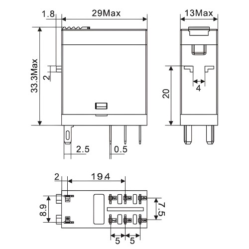 Реле миниатюрное промышленное, 2CO, коммутируемый ток 8 А, AgSnO, напряжение 24V AC, опция – тест-кнопка+светодиод