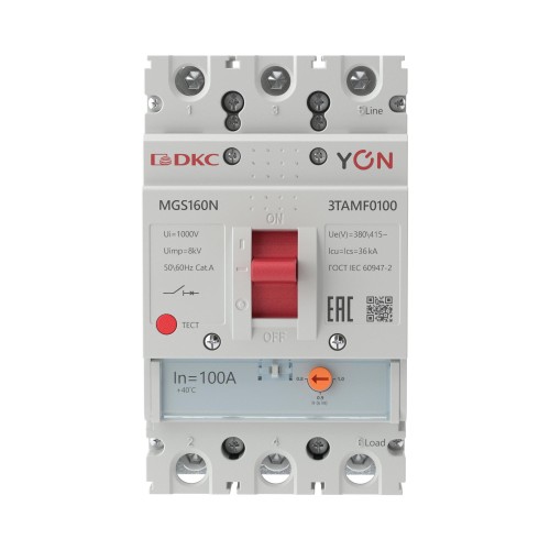 Выключатель автоматический YON max MGS160N 3P 80-100А 36кА с регулируемым термомагнитным расцепителем