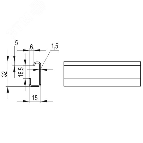 Дин-рейка из нержавеющей стали, с насечкой G1, 32х15мм.