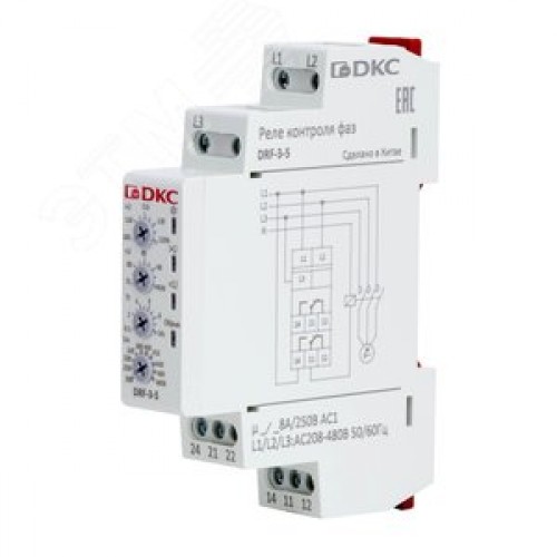 Реле контроля фаз, 3 фазы, контроль напряжения, контроль обрыва фаз, конфигурация контакта 2CO, 208-480В