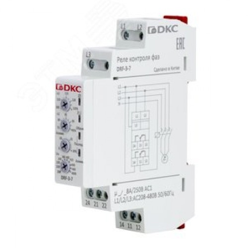 Реле контроля фаз, 3 фазы, контроль напряжения , контроль обрыва фаз, котроль чередования фаз, контроль асимметрии, конфигурация контакта 2CO, 208-480В