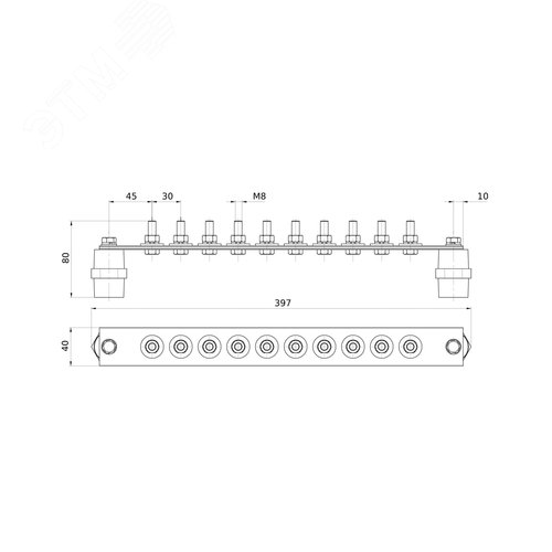 Шина заземляющая главная ГЗШ с изоляторами, 10 подключений, 380ммх40ммх4мм, медь