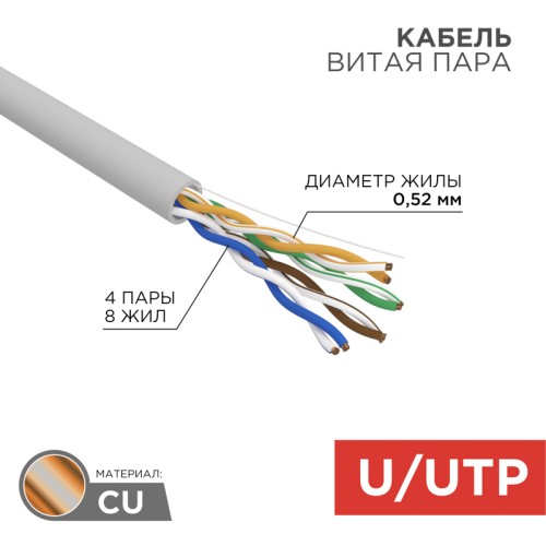 Витая пара U/UTP, CAT 5е, PVC, 4х2х0,52мм, INDOOR, SOLID, серый, 305м, РФ