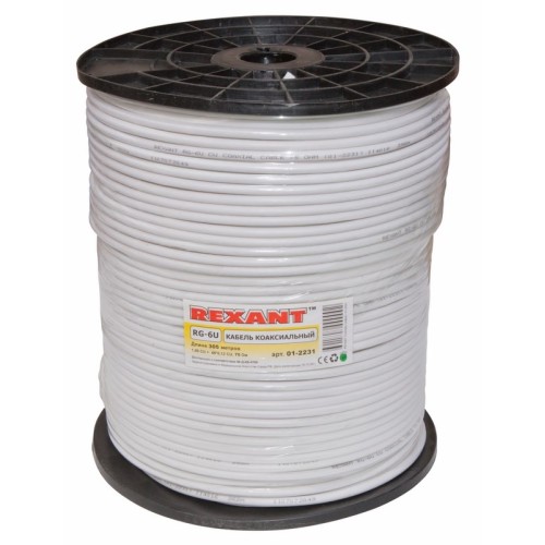 Кабель коаксиальный RG-6U, 75 Ом, Cu/Al/Cu, 64%, IN, белый, 305 м
