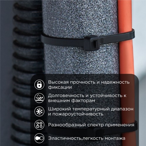 Хомут-стяжка кабельная нейлоновая 200x2,5 мм, черная, 100 шт