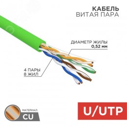 Витая пара U/UTP CAT 5e нг(А)-LSLTx 4PR 24AWG INDOOR SOLID зеленый