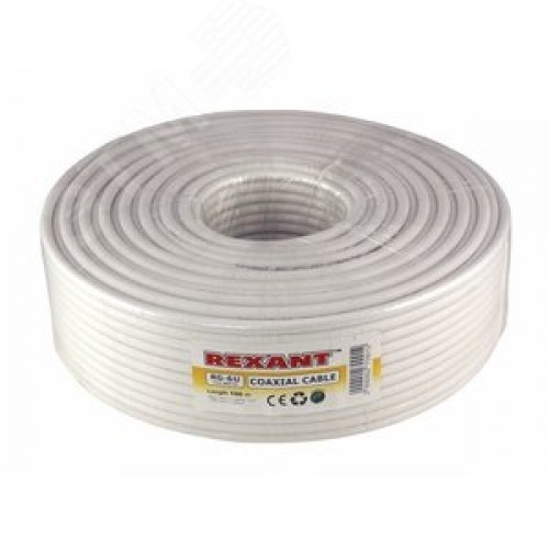 Кабель коаксиальный RG-6U+Cu, 75 Ом, Cu/Al/Cu, 64%, бухта 100 м, белый, REXANT