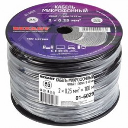 Кабель микрофонный 2х0,25 мм2, d-6,8мм, черный, 100 м