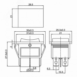 Выключатель клавишный 250V 15А (6с) ON-OFF-ON красный с подсветкой и нейтралью
