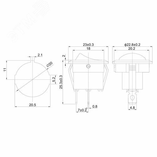 Выключатель клавишный круглый 250V 6А (2с) ON-OFF черный