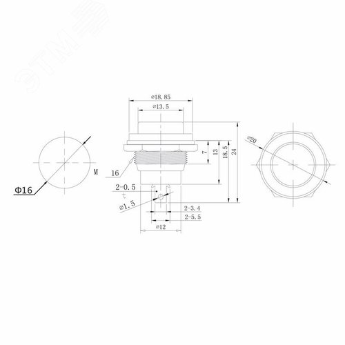 Выключатель-кнопка металл 250V 2А (2с) (ON)-OFF 16.2 красная
