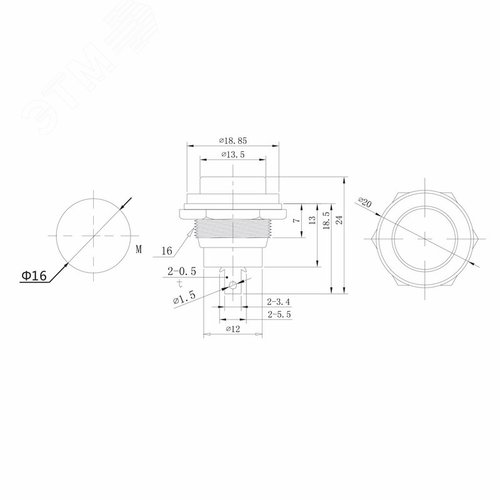 Выключатель-кнопка металл 250V 2А (2с) (ON)-OFF 16.2 синяя